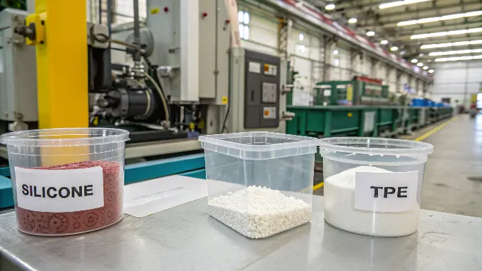 An injection molding machine producing TPE toys versus a compression molding setup for silicone