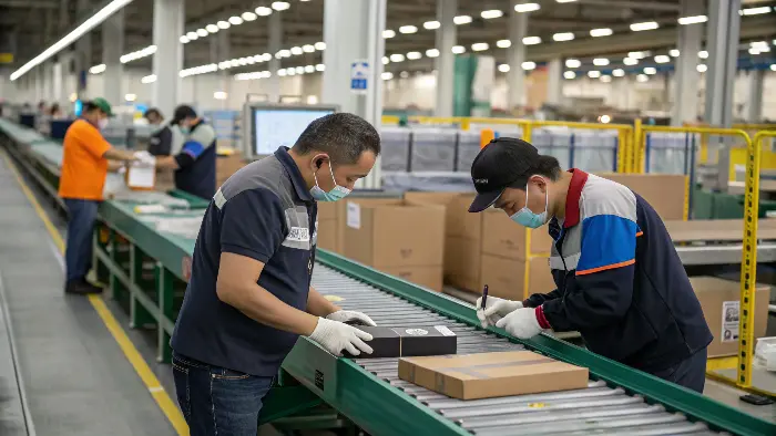 Factory workers performing in-process quality checks on an assembly line