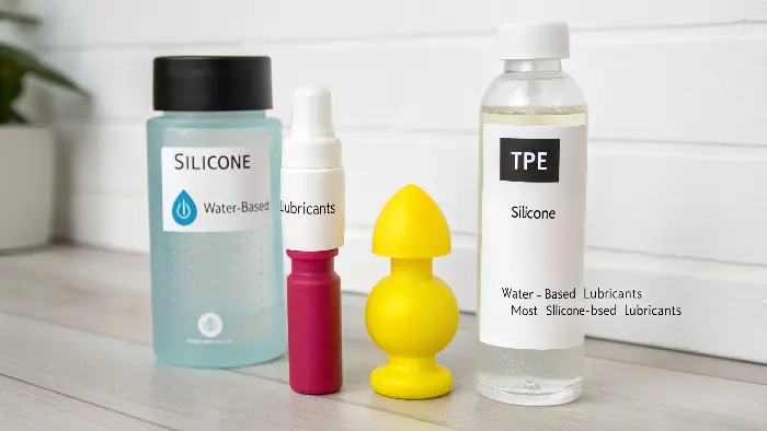 Bottles of water-based, silicone-based, and oil-based lube with checkmarks/crosses for silicone and TPE toys
