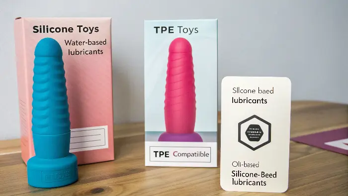 A chart or graphic showing compatible and incompatible lubricants for silicone and TPE toys