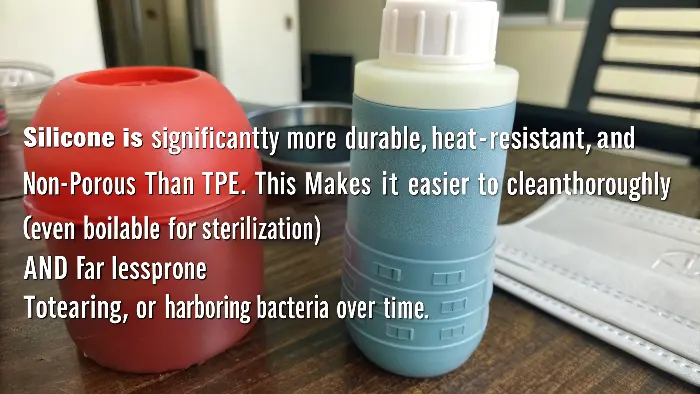 A silicone toy being easily cleaned compared to a more delicate TPE toy