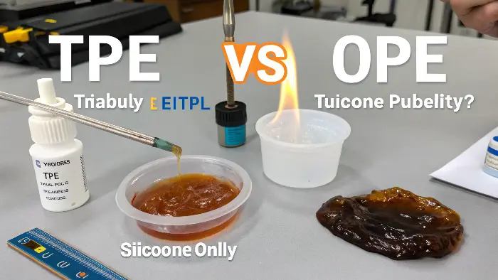 Magnifying glass over TPE and Silicone samples showing texture difference
