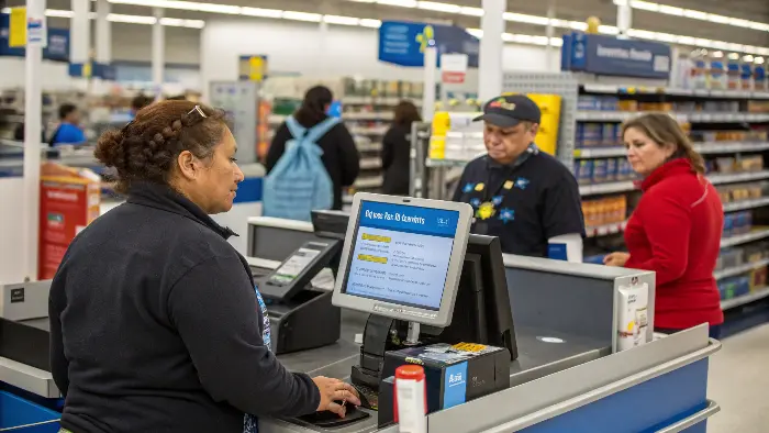 A cashier scanning products at a checkout counter