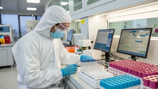 A scientist reviewing data from a GC-MS machine and cell culture tests
