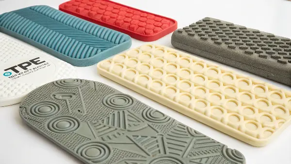 A close-up shot of various TPE textures, showing ribs, waves, and dots.