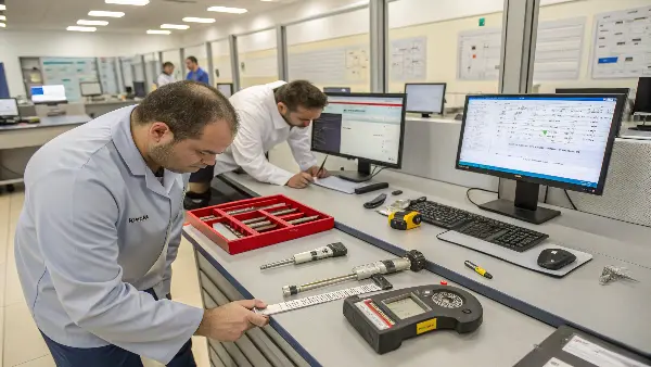A person carefully examining a TPE prototype, with testing tools like a durometer nearby.