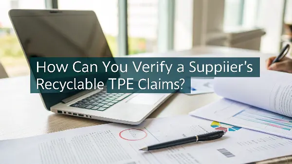 A brand owner examining a material data sheet and a TPE product sample.