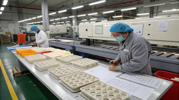 A quality control inspector examining a TPE adult product with a magnifying glass in a clean factory setting.