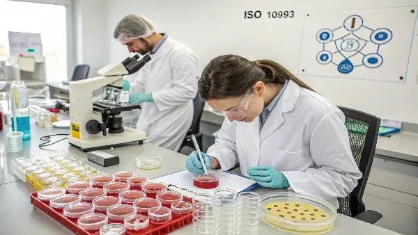 A lab petri dish showing cell cultures for biocompatibility testing