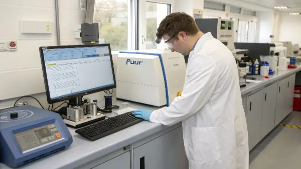 An FTIR spectrometer analyzing a piece of pink silicone