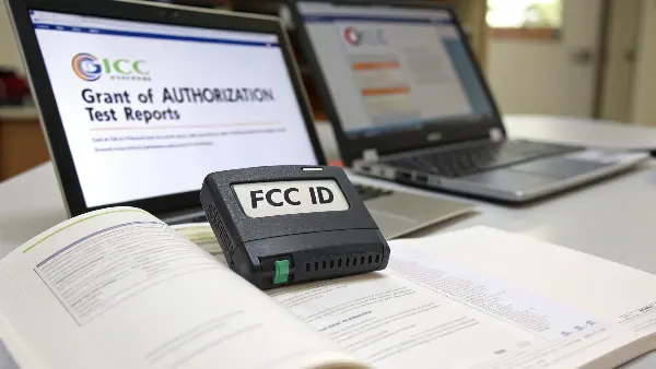 A person inspecting the label on an electronic device for an FCC ID