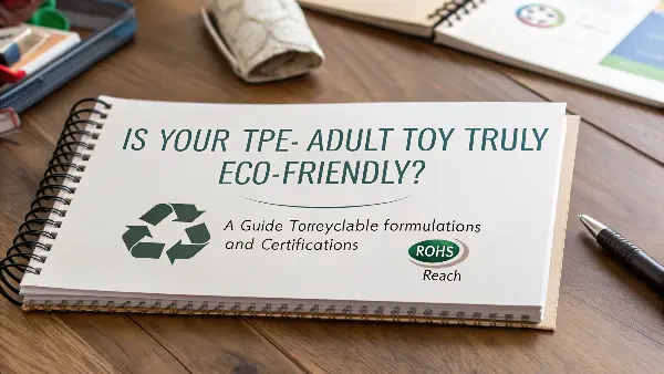 A close-up of a high-quality, recyclable TPE adult toy next to an environmental certification logo.