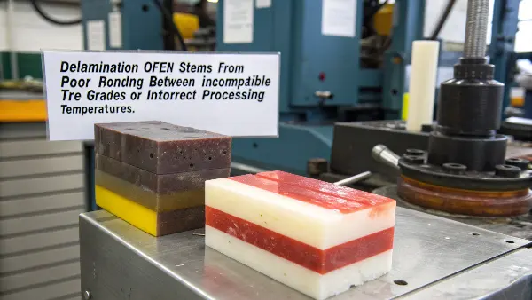 A photo showing examples of manufacturing defects like delamination and color bleed in TPE products