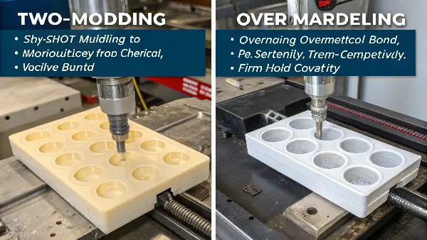 An illustration comparing the two-shot injection molding process with the overmolding process