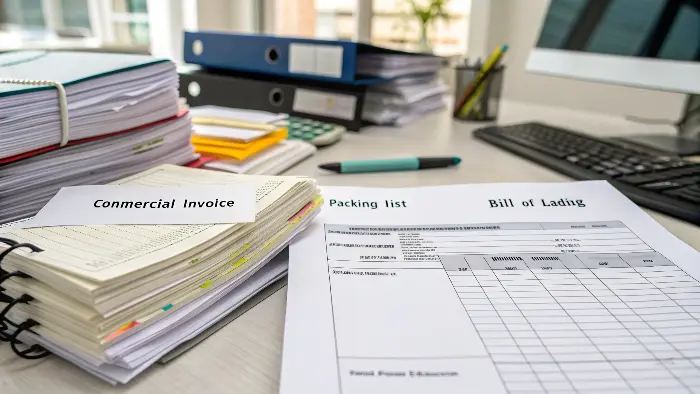 A customs officer reviewing a stack of shipping documents with a checklist