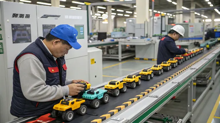A quality control station where a worker is testing a smart toy's connectivity with a tablet