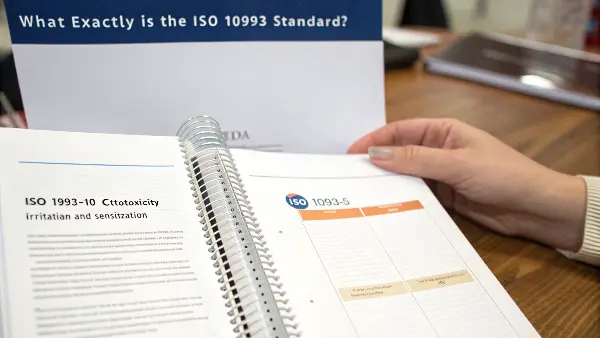 A document cover showing ISO 10993-1 standard, with other related standard numbers in the background.