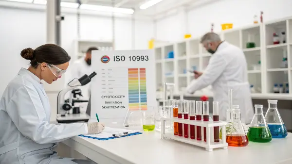 A laboratory technician examining a TPE material sample under a microscope for biocompatibility testing.