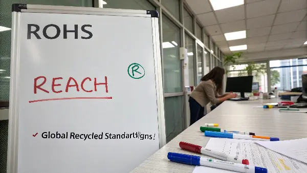Logos of RoHS, REACH, and GRS certifications displayed side-by-side.