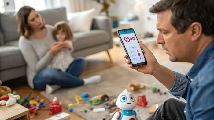 A smartphone showing a clean and intuitive app interface next to a smart toy