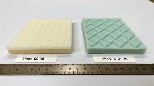 A chart showing the Shore hardness scale with examples from soft gel to hard plastic