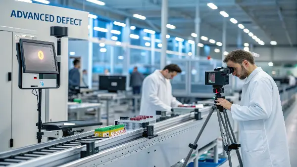 A close-up of a high-tech camera scanning an adult toy on a conveyor belt.