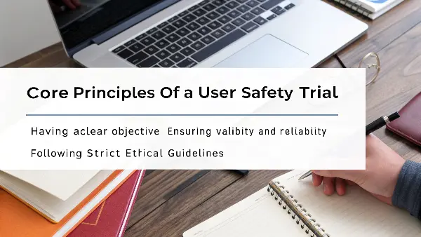 A diagram showing the principles of safety, validity, and ethics in a trial.