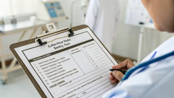 A sample feedback form with checkboxes and comment fields on a clipboard.