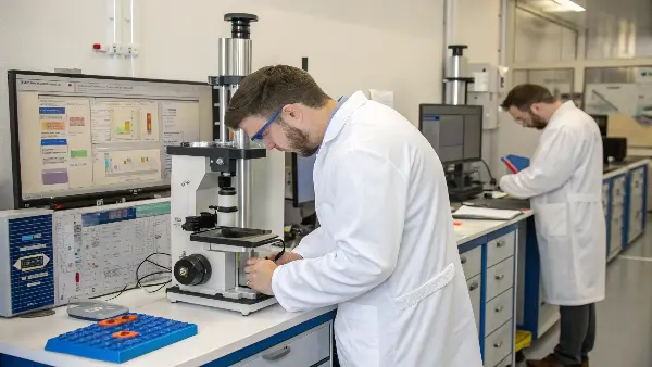 A lab technician in a white coat testing the flexibility of a piece of silicone.