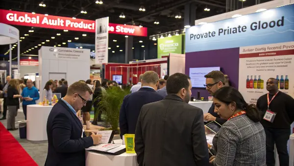A busy adult product trade show floor with various booths and people networking