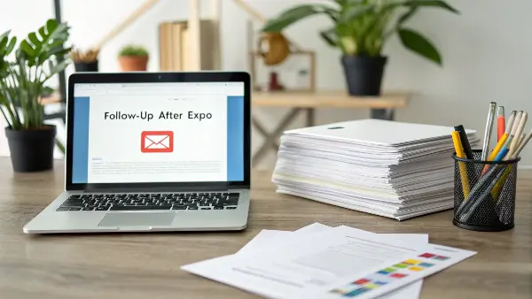 A professional writing a follow-up email on a laptop after a business trip