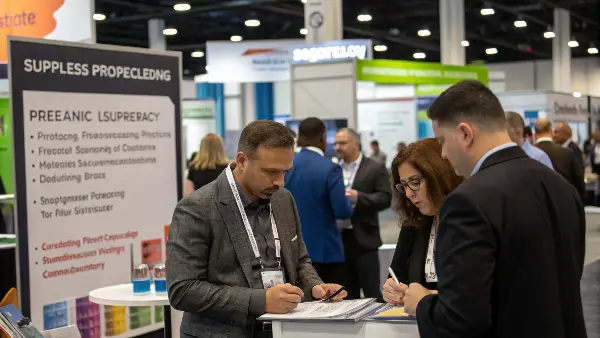 A busy adult product trade show floor with various booths and attendees