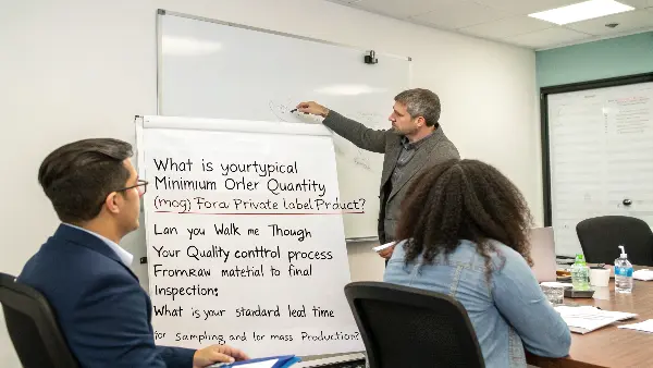 A business owner in a meeting asking questions to a potential supplier at a trade show
