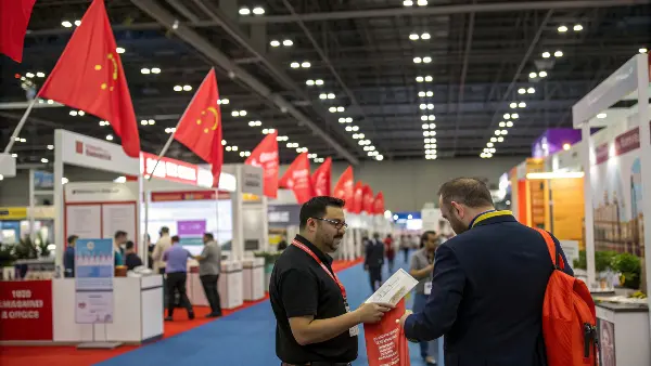 A person carefully inspecting a product sample at an expo booth