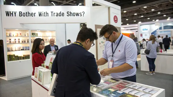 Close-up of a person's hands examining an adult toy at a trade show booth