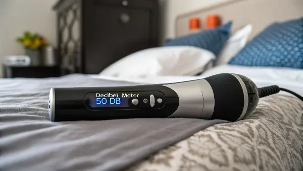 a quiet adult massager on a bed with a decibel meter app on a phone nearby