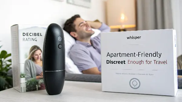 a social media graphic showing a silent massager next to a book on a nightstand with the text "Your Secret to Quiet Nights"