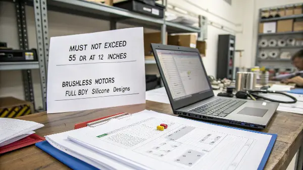 A product specification sheet with fields for motor type, material, and decibel level.