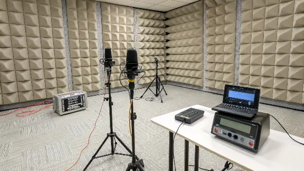 A testing setup showing a wand massager on a stand with a decibel meter positioned nearby.