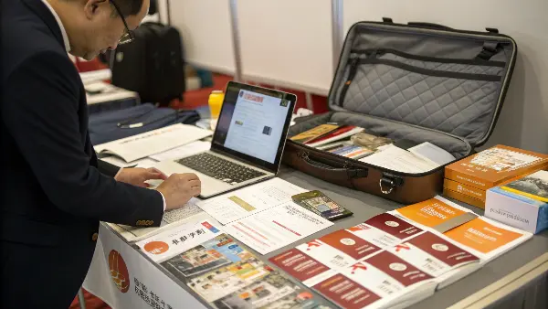 A well-prepared trade show booth with bilingual signage and product displays