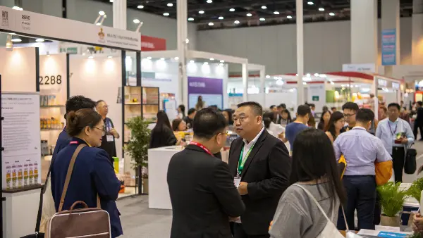 Asian adult product trade show floor with various booths and attendees