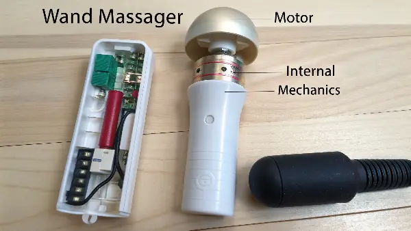An exploded view diagram of a wand massager showing the motor, battery, and silicone casing.