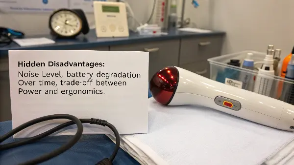 Noisy Massage Gun Disadvantages A person looking annoyed by the noise of a massage gun near their head.