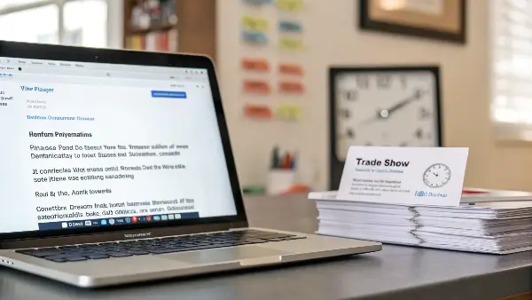 A person at a desk typing an email, with business cards from a trade show on the desk