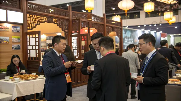 Business professionals shaking hands at a trade show booth in Asia