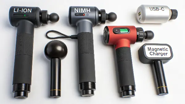 Massager Batteries and Charging Technology An assortment of batteries and charging cables next to a massager.