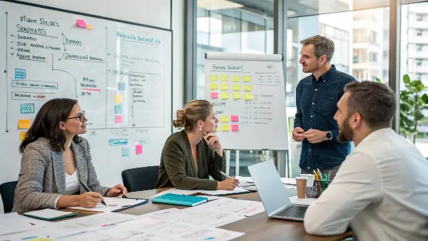 Business owner looking at product samples for an exhibition