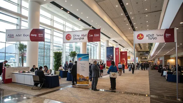 Map of Asia highlighting major trade show cities like Tokyo, Shanghai, and Hong Kong