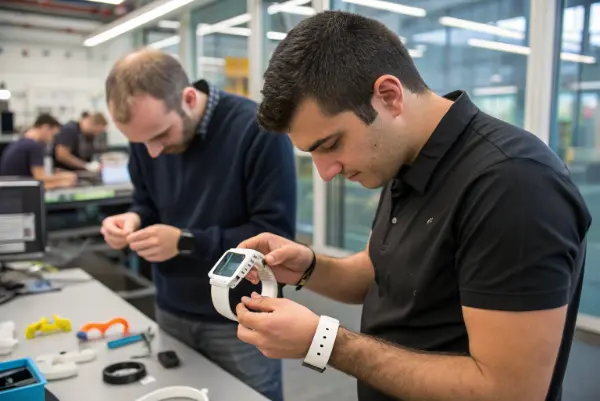 An engineer testing a wearable toy prototype with sensory equipment.