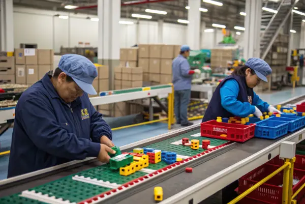assembly line workers checking quality factory workers assembling adult toys